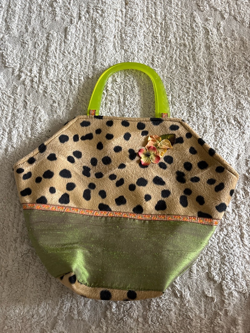 VTG Atenti Cheetah Leopard Print Bag Neon Lime Green Lucite Handle Y2K USA